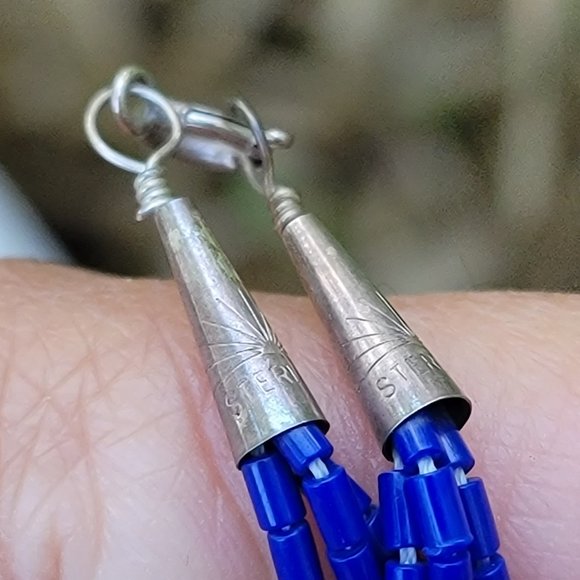 Native American handmade hand strung stabilized lapis lazuli three strand sterli - Picture 7 of 16
